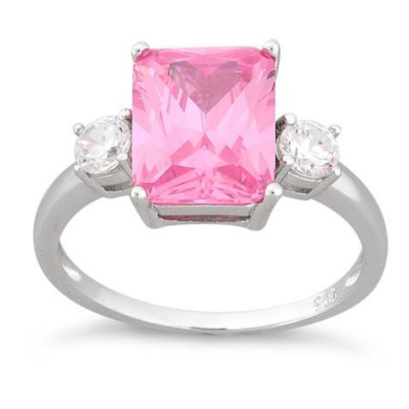 Sterling Silver Triple Rectangular Pink CZ Ring - Picture 2 of 4